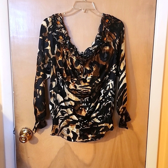 Cache 100%silk on or off the shoulder blouse animal print - Picture 1 of 8